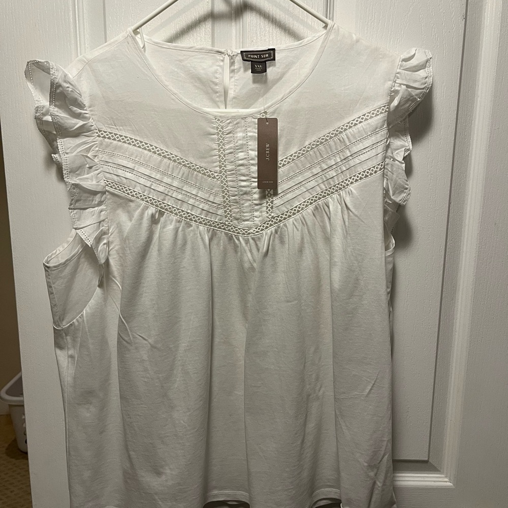 J. Crew White Lace-Yoke Ruffle Sleeve Blouse